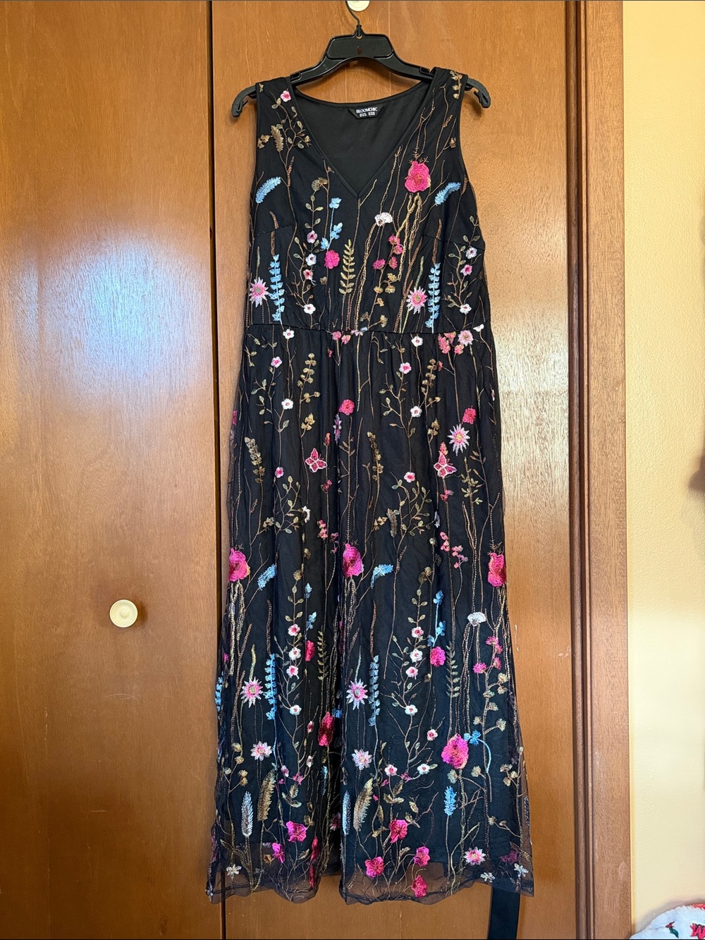 BloomChic Black Maxi Dress with Pink and Blue Floral Embroidery